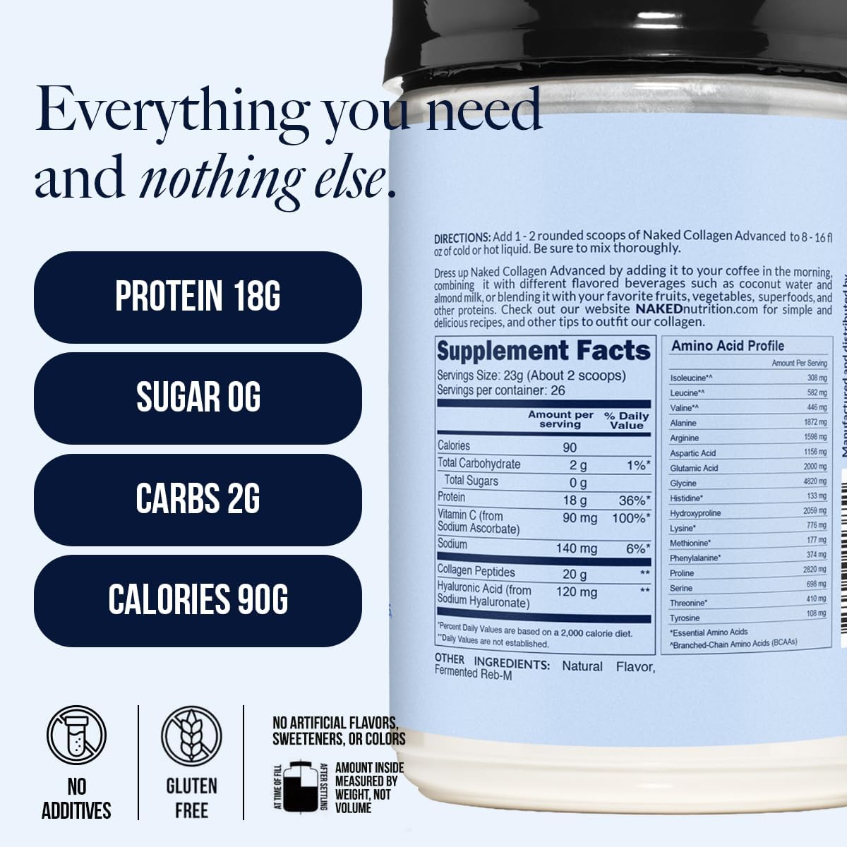 NAKED Collagen Peptides Protein Powder, 60 Servings, Pasture-Raised, Unflavored Grass-Fed Hydrolyzed Collagen Supplement, NSF Certified, Paleo Friendly, Non-GMO, Keto, Gluten Free, 20oz