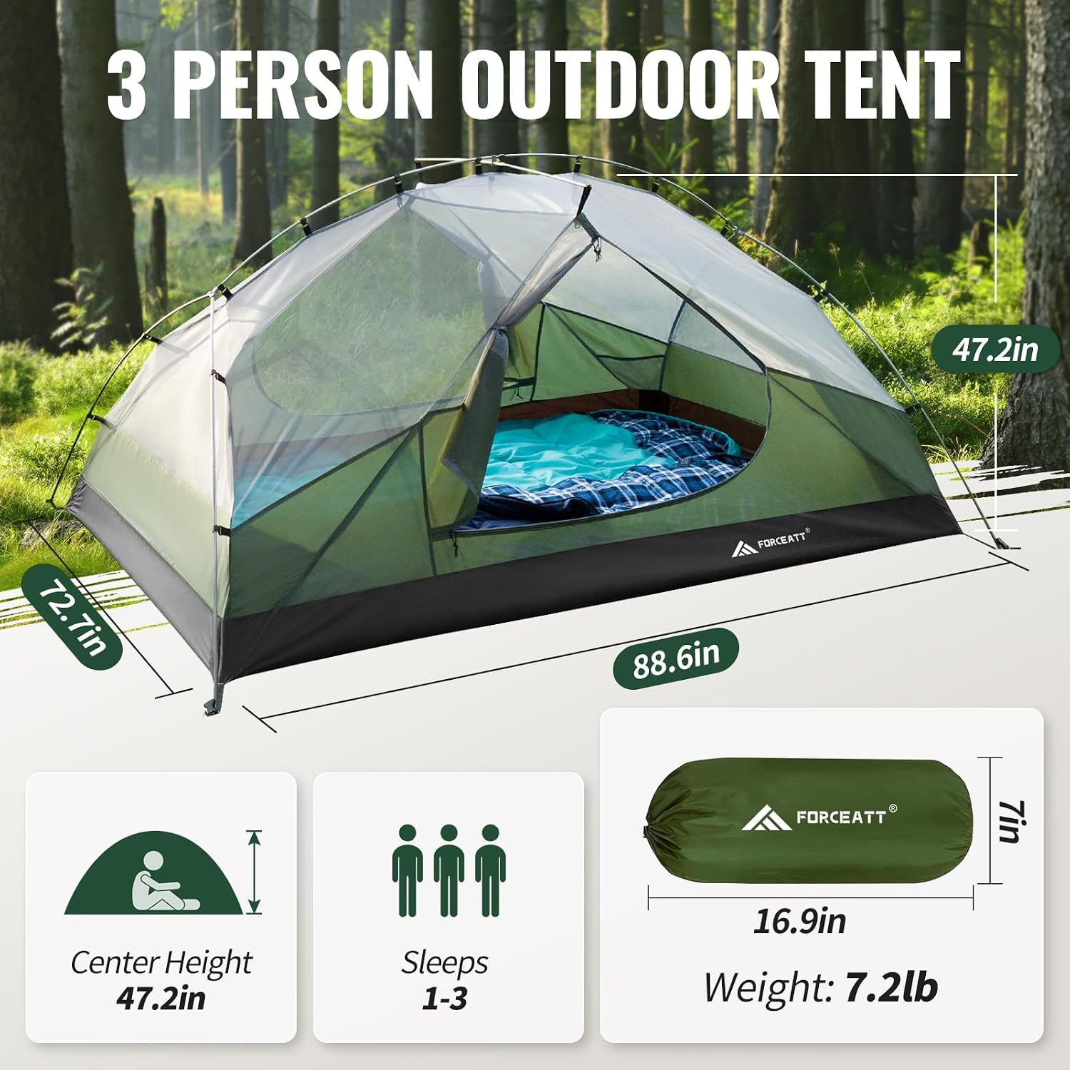 Forceatt Tent for 2 and 3 Person is Waterproof and Windproof, Camping Tent for 3 to 4 Seasons