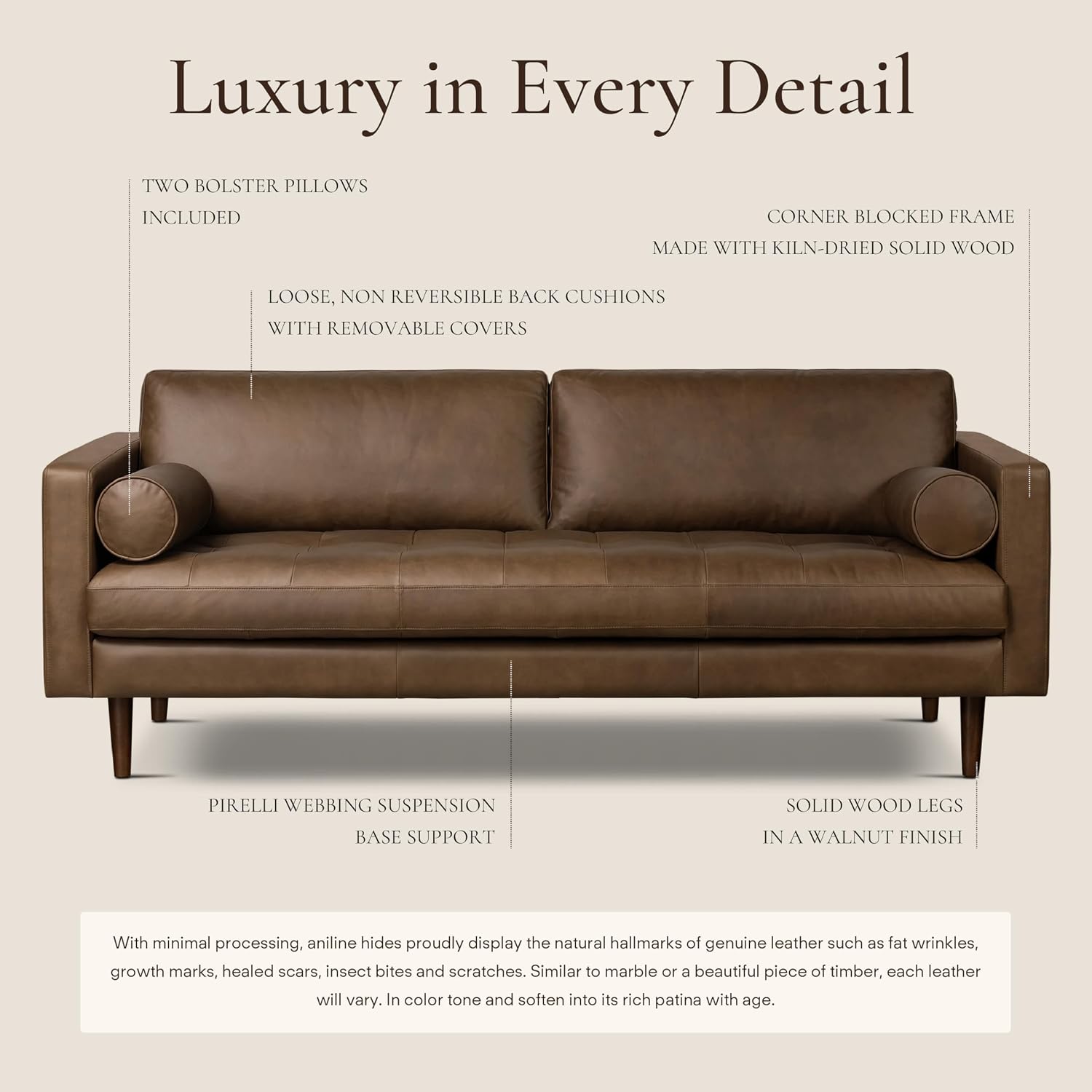 Poly & BARK 55" Tufted Leather Bed Bench for Bedroom End of Bed - Living Room Entry Way Bench - Pure Italian Leather Upholstery with a Solid Wood Frame - Ottoman Bench with Wooden Legs - Cognac Tan