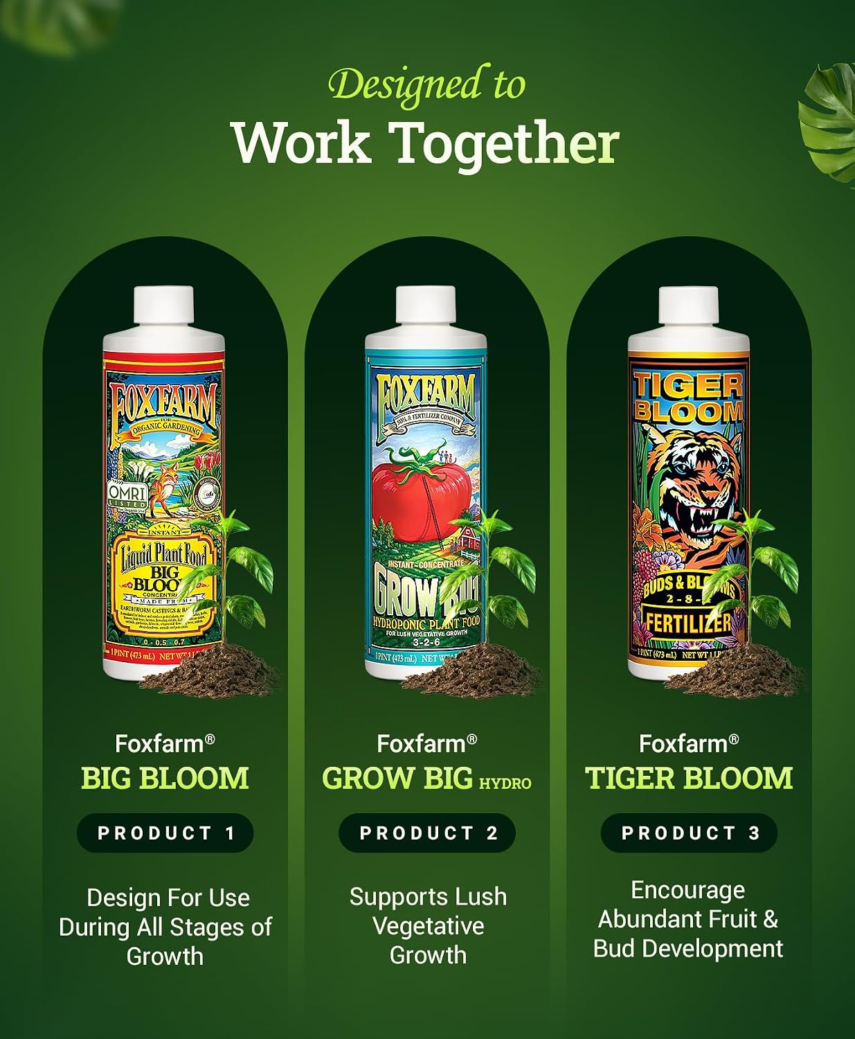 FoxFarm Hydro Liquid Trio Pack - Big Bloom, Grow Big Hydroponic, Tiger Bloom Fertilizers for Plant Growth, Bud Development & Abundant Fruit - Complete Hydroponic Plant Food Set - 3 Pint Bottles