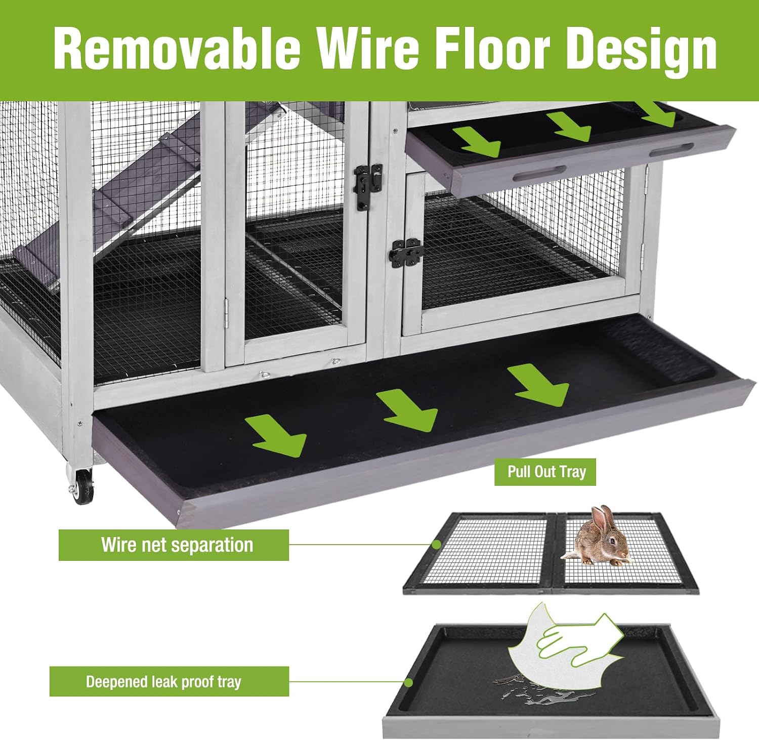 Outdoor Rabbit Hutch Indoor Bunny on Wheels Large Guinea Pig Cage with Run for Any Small Animals,Removable Pull Out Tray