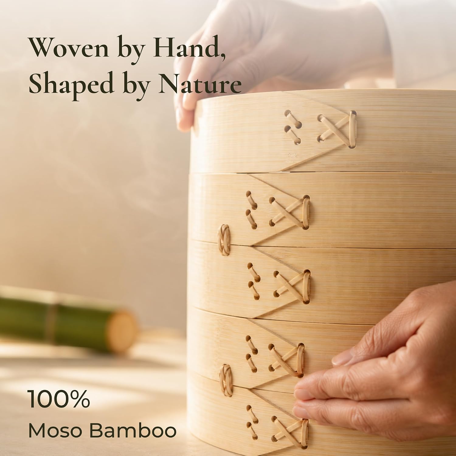 HAPPI STUDIO Bamboo Steamer Basket 10 Inch, Extra Deep Dumpling Steamer Set
