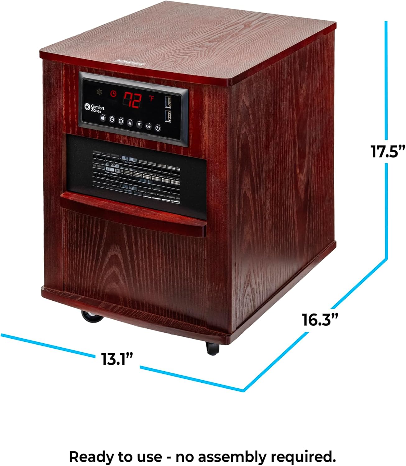 Comfort Zone Indoor Space Heater, 20 inch, 1,500 watt, Cabinet Heater with Remote, Infrared, Quartz, USB Charging Ports, Timer, Tip Over Switch & Overheat Protection, Ideal for Home & Office, CZ2062W