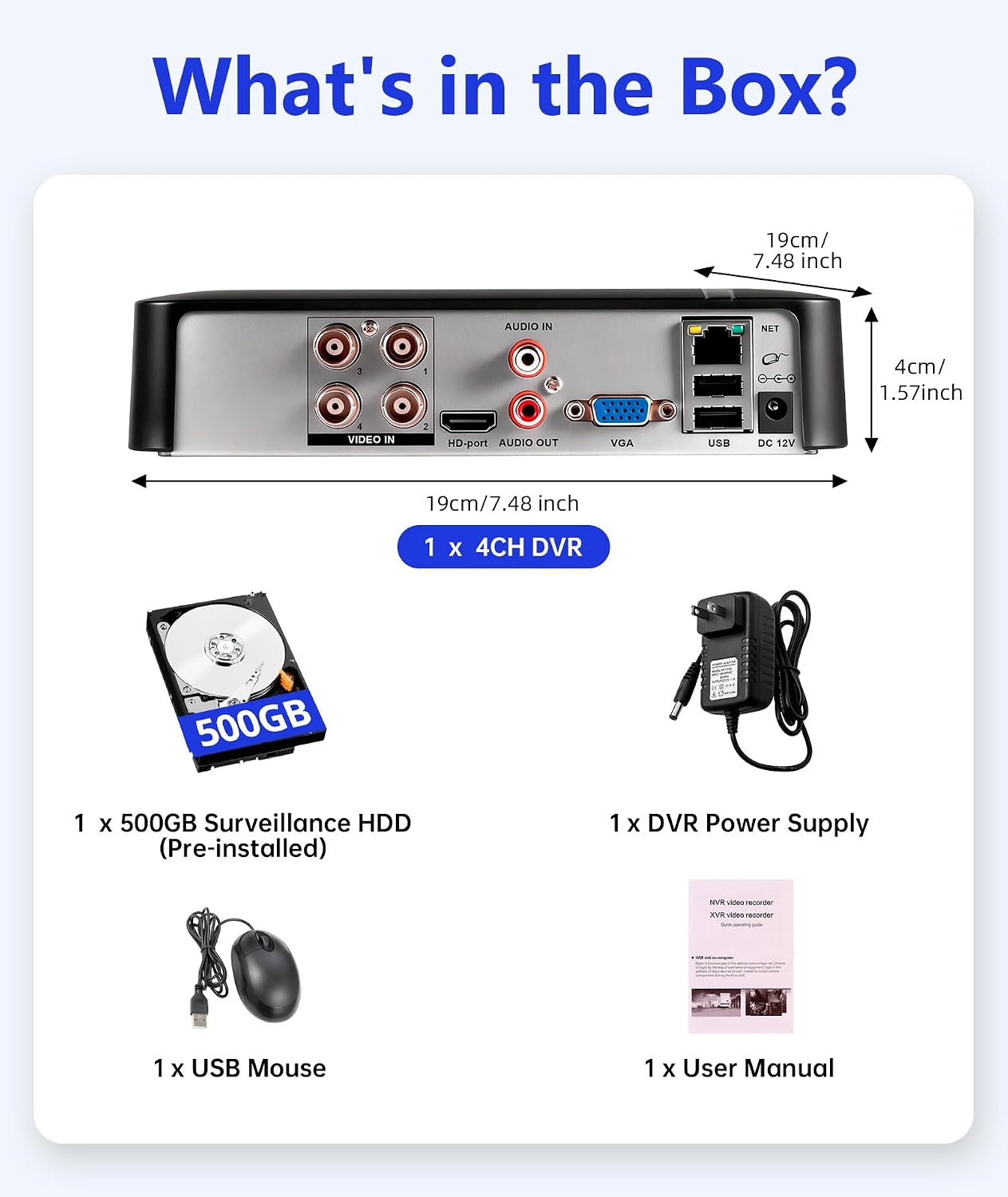 5MP 4-Channel DVR with 500GB HDD, 6-in-1 Hybrid (TVI/AHD/CVI/CVBS/XVI/IP) Security DVR Recorder, AI Human Detection, H.265+ Compression