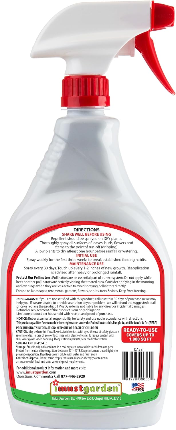 I Must Garden Deer Repellent: Powerful All-Natural Protection, 32oz Spice | Ready to Use Spray - Safe for Plants Pets & Pollinators - Pleasant Scent - Long-Lasting Control