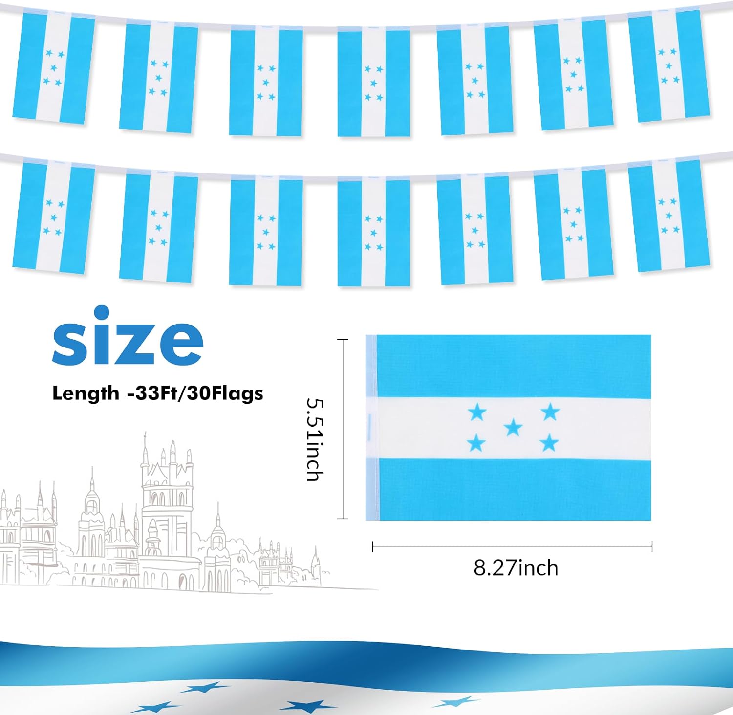 Nicaragua Flag Banner, Small Mini Nicaraguan Flags Patriotic Decoration for Party, Classroom, Sports Events, 33 Feet 30 Flags