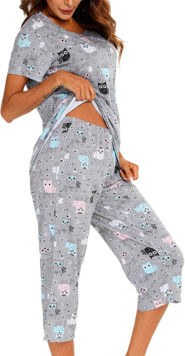 ENJOYNIGHT Womens Pajama Set Cotton Summer Pj Top with Capri Pant Sleepwear