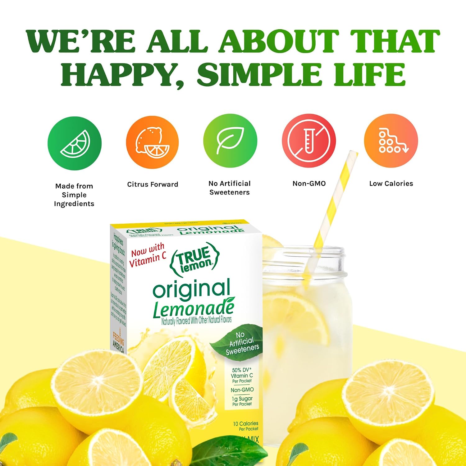 TRUE LEMON Original Lemonade Drink Mix (30 Packets) | Made from Real Lemon | No Preservatives, No Artificial Sweeteners