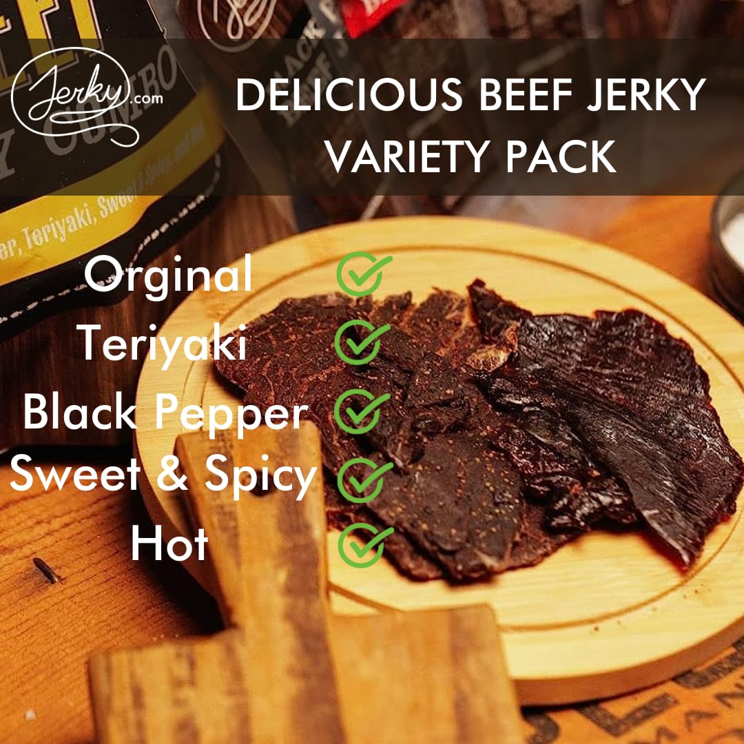 Jerky.com Hot Jerky Combo - Featuring Habanero, Classic Hot, Carolina Reaper, Ghost Pepper - Perfect for Heat Seekers and Flavor Enthusiasts - Beef Jerky Gift for Men (4 Flavors - 2.5 oz. bags)