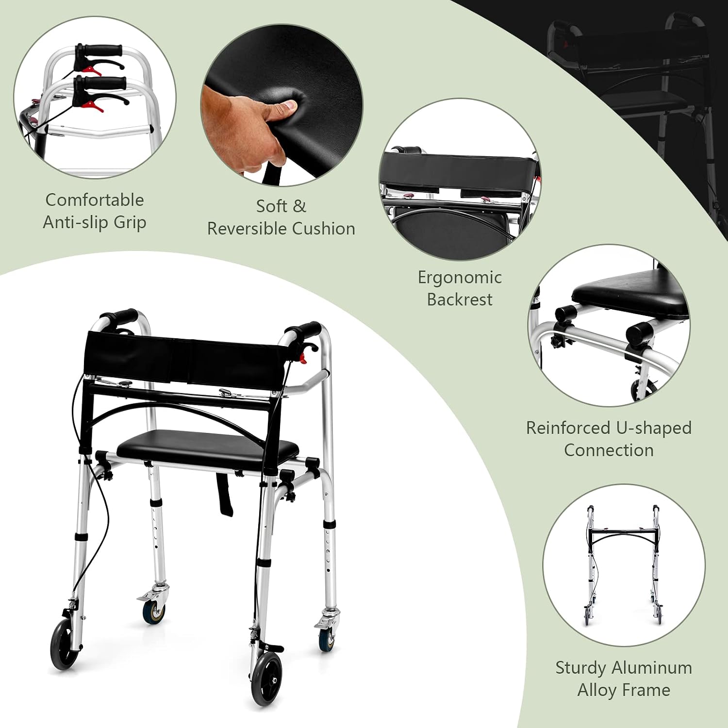 Goplus Walkers for Seniors, 4-in-1 Folding Walker with 5’’ Wheels, Detachable Seat, Height Adjustable Stand Up Walker