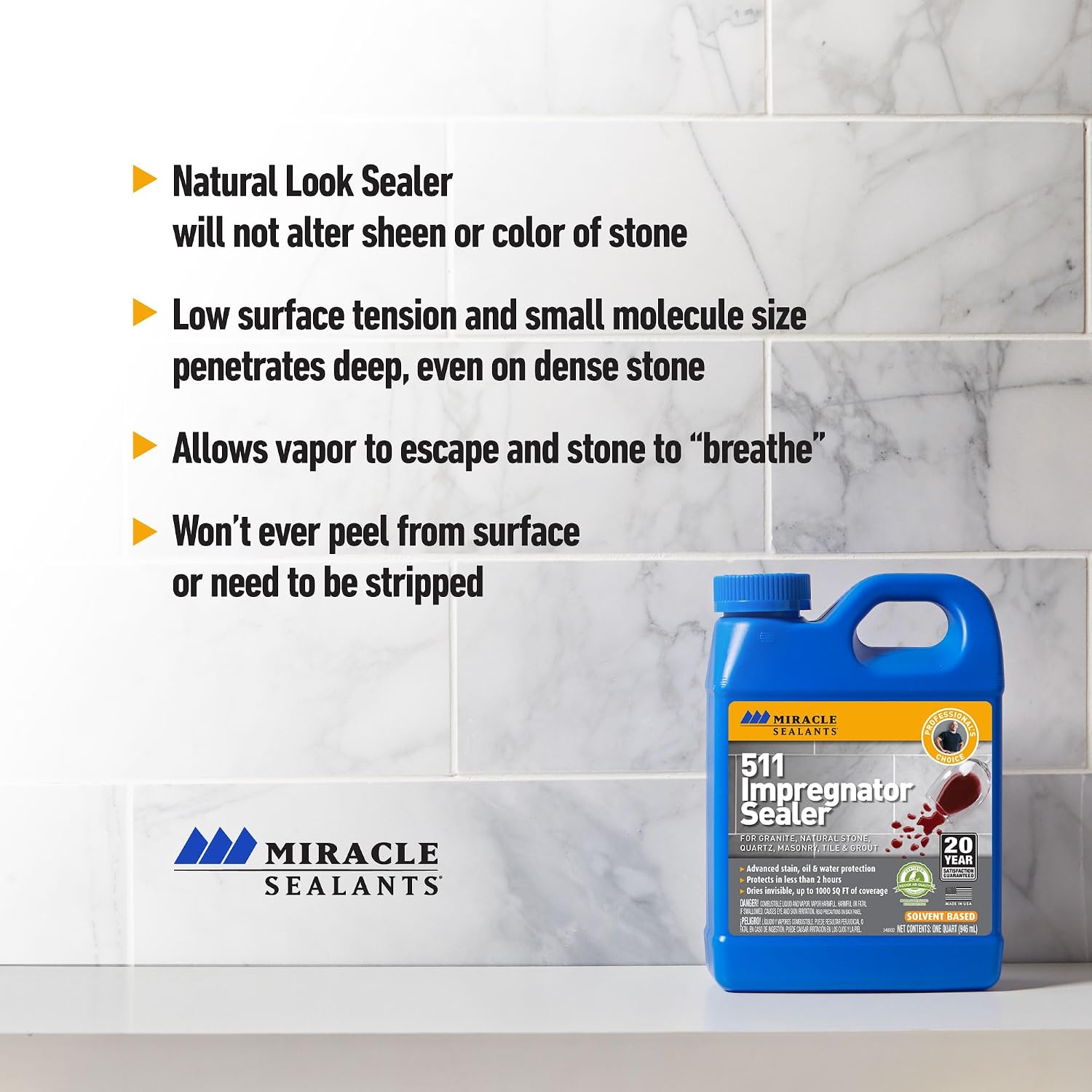 Miracle Sealants 511 Impregnator Penetrating Stone & Tile Sealer, Pint | Penetrating sealer for no-sheen stain, water & oil protection for granite, stone, tile, masonry & grout. Dries invisible.