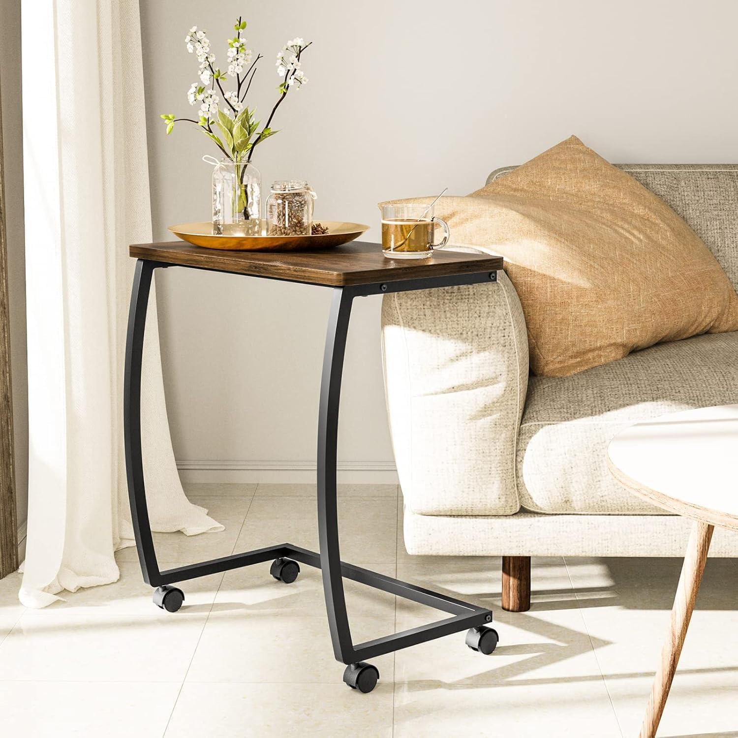 SRIWATANA Walnut C Shaped Side Table, Vintage End Table for Sofa Couch Bed