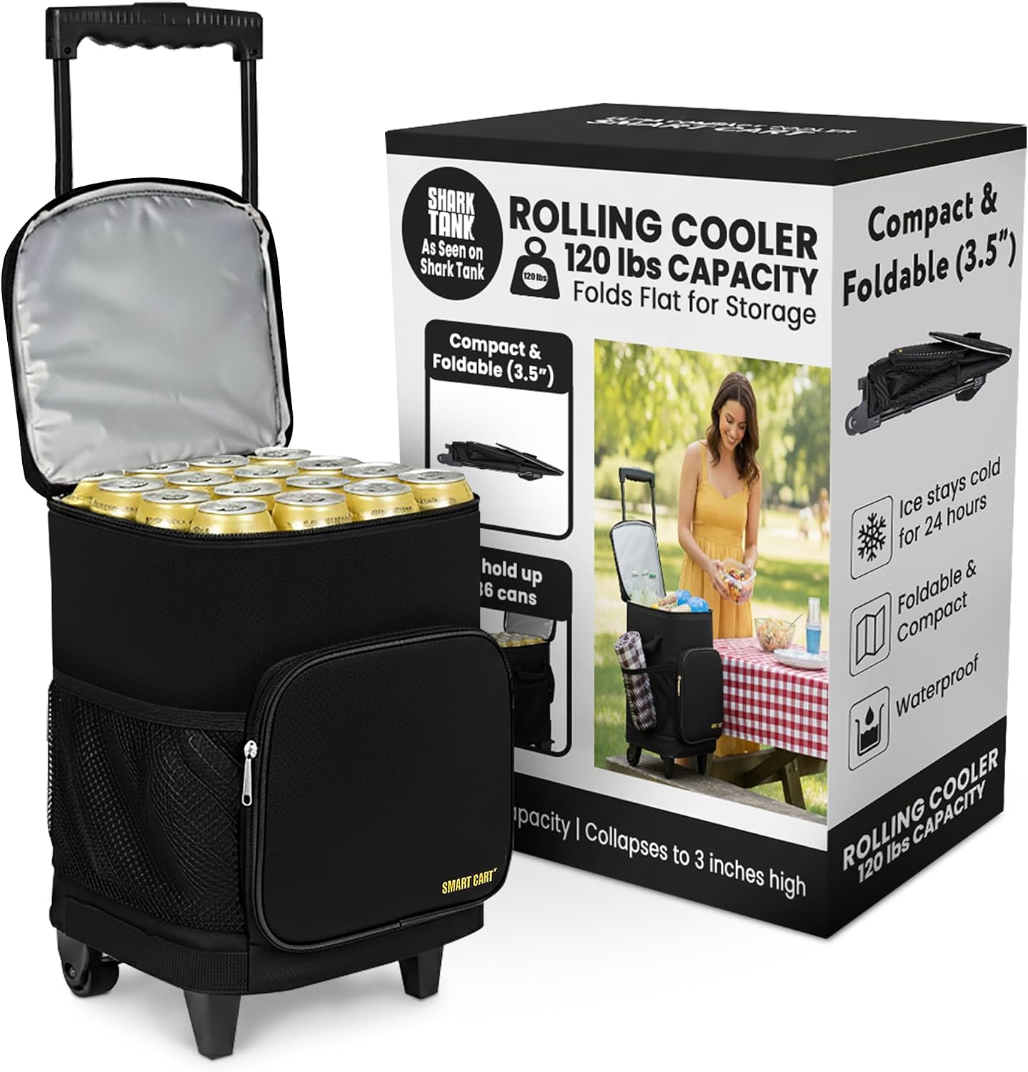 Ultra Compact Cooler Smart Cart with Wheels - Collapsible Insulated Cooler Bag - Foldable Travel Cooler 36 Cans - Leak Proof Trolley - Black