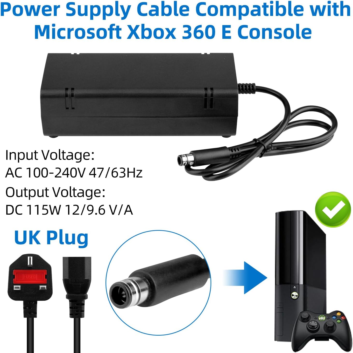 OSTENT US AC Adapter Charger Power Supply Cable Cord for Microsoft Xbox 360 E Console