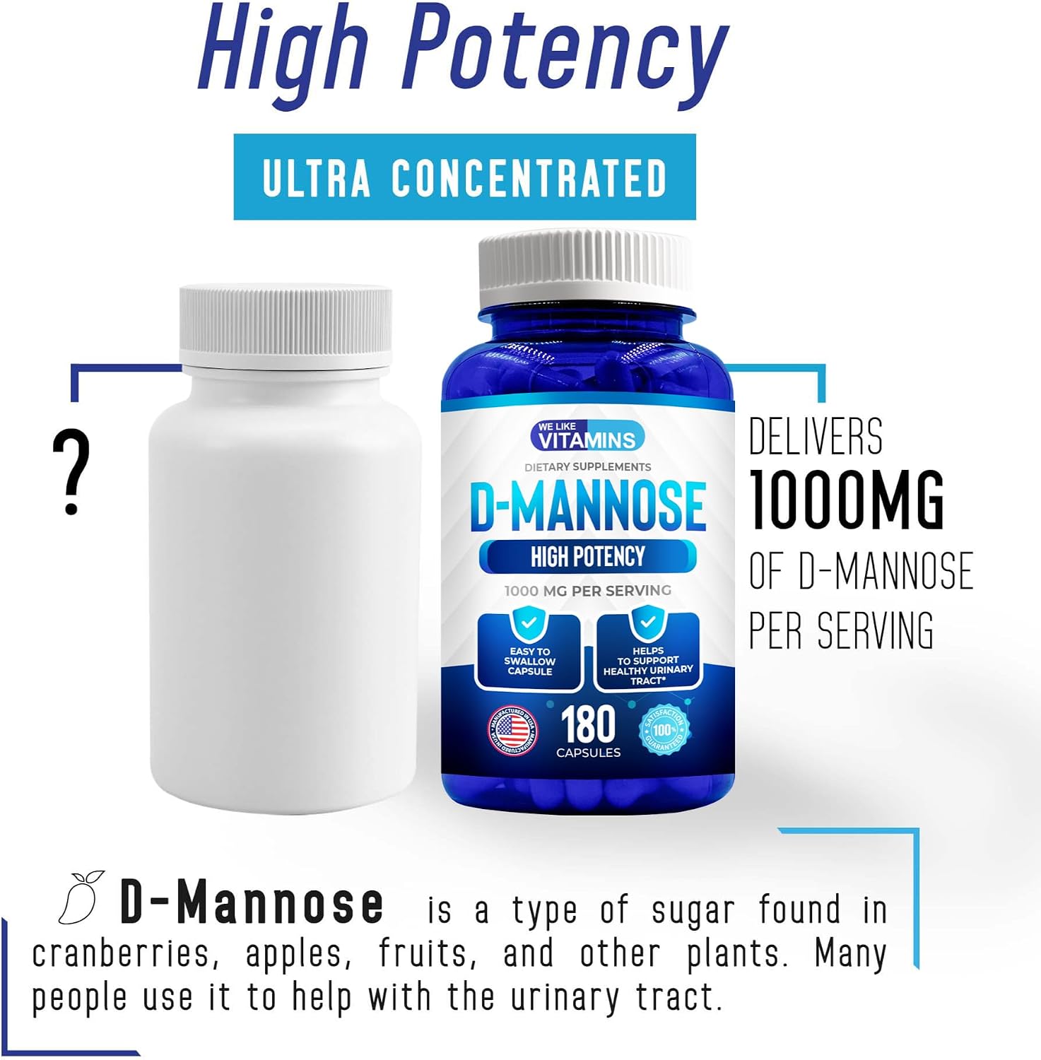 D-Mannose 1000mg - 180 Veggie Capsules - D Mannose Supplements for Women | Cranberry D-Mannose Helps Support Bladder & Urinary Tract Health - 180