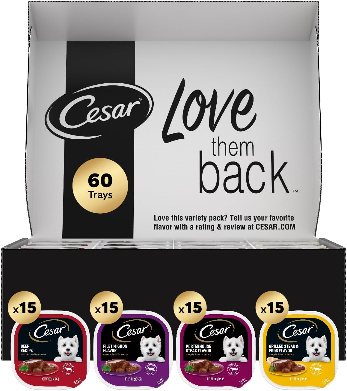 Cesar Classic Loaf Wet Dog Food, Meaty Selects, 3.5 oz, 12 Count, 2-Pack | Made in USA, Filet Mignon & Porterhouse Steak flavors, real beef #1 ingredient, no artificial flavors, easy peel trays