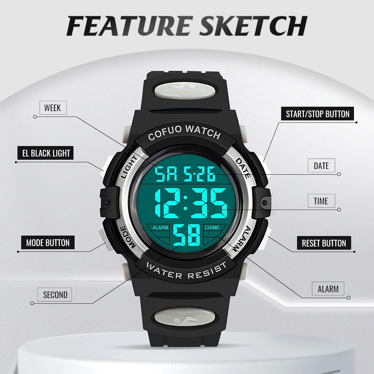 cofuo Kids Digital Watch for Boys Girls, Boys Watches Ages 3-17,Sport Outdoor Watch for Kid, 50M Waterproof Analog Multifunctional Chronograph LED Alarm Stopwatch Silicone Band, Kids Gift