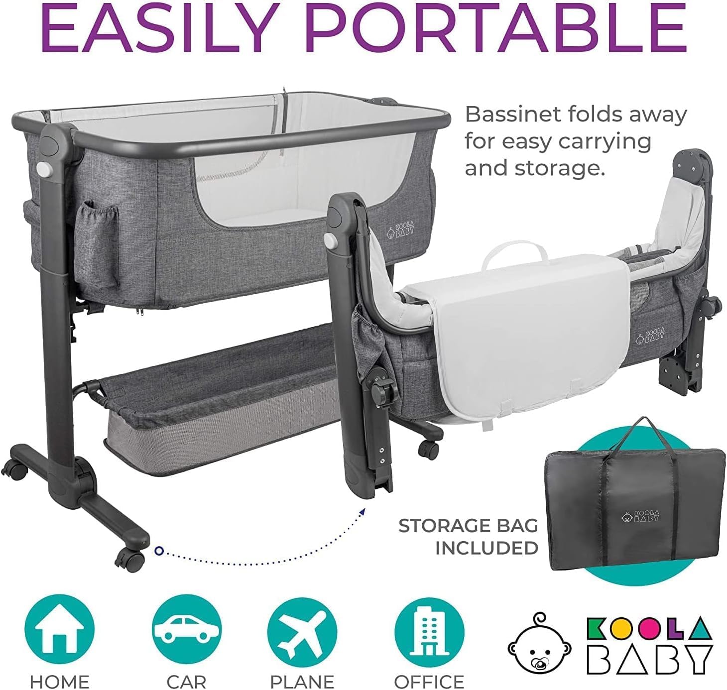 KoolerThings Baby Bassinet, Bedside Sleeper for Baby, Easy Folding Portable Crib with Storage Basket for Newborn, Bedside Bassinet