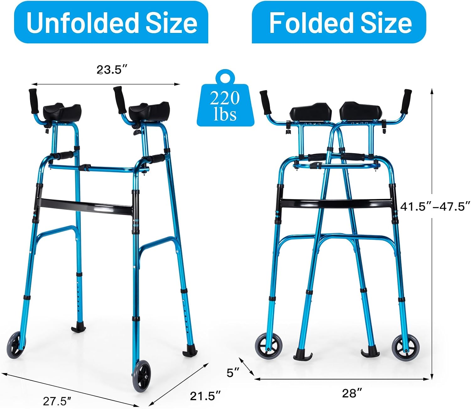 Goplus Walkers for Seniors, Foldable Standard Walker with 5’’ Wheels and Removable Padded Armrests 220lbs, Lightweight Walking Mobility Aid