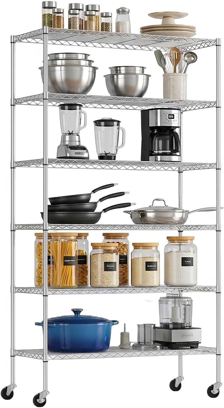PayLessHere | 6-Tier Wire Shelf with Wheels | 45"x18"x82" | Black