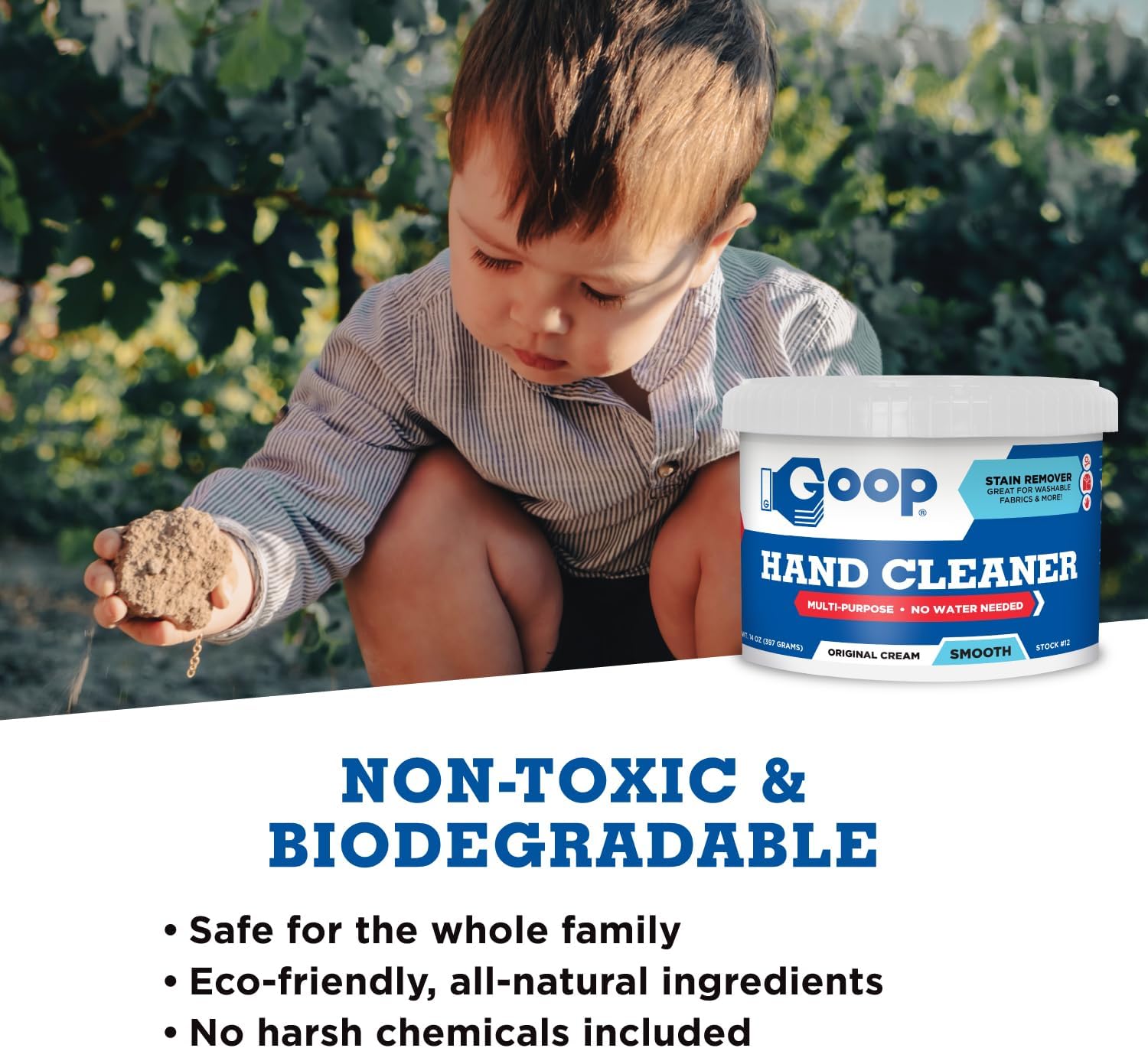 GOOP Multi-Purpose Hand Cleaner- Waterless Hand Degreaser, Laundry Stain Remover - NonToxic and Biodegradable Cleaner Remove Dirt, Oil, Paint, Ink, and Clothes Stains Original, 14oz Pack of 1