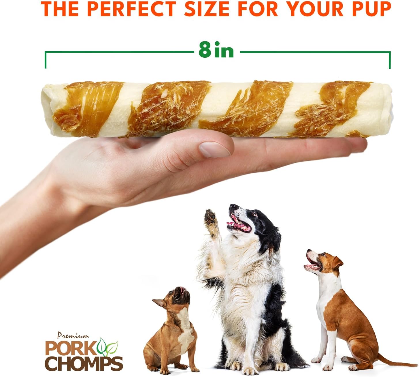 Pork Chomps Rawhide Free Pork Skin Dog Chews, Chicken Wrap, 8in Rolls, 2ct