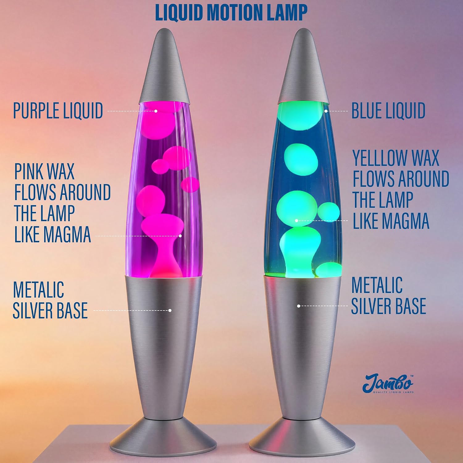 JAMBO 16" Beautiful Lamp- Purple with Yellow/Orange Wax, Relaxing Liquid Light, Night Light Nightlight
