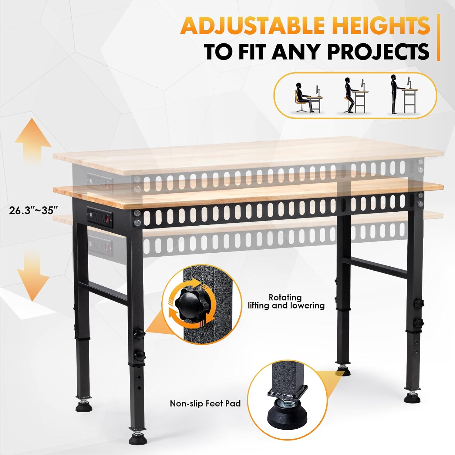 48" Adjustable Workbench, Work Table with Wheels and Power Outlet | 2000LBS Load Capacity Rubber Wood Top Workstation, Heavy-Duty Craft Table for Garage Workshop