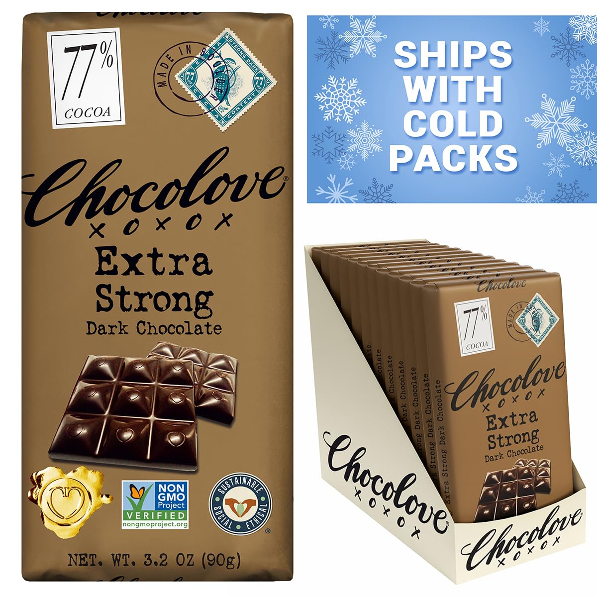 Chocolove Extra Strong Dark Chocolate Bars | 77% Cocoa | Strong & Smooth Premium Dark Chocolate | Rainforest Alliance Certified, Non-GMO