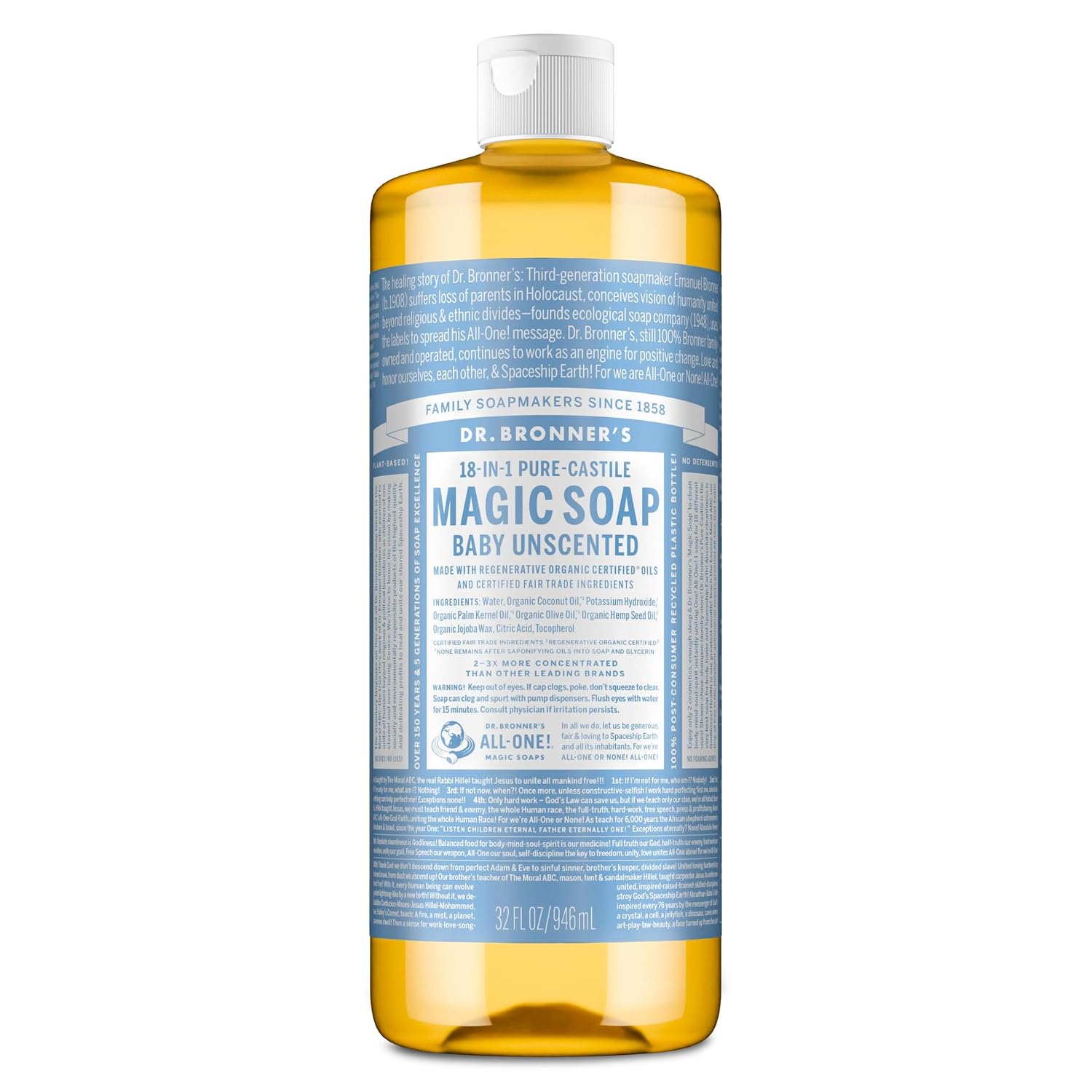 Dr. Bronner's Baby Unscented Pure-Castile Liquid Soap, No Fragrance, 16 oz, 2-Pack