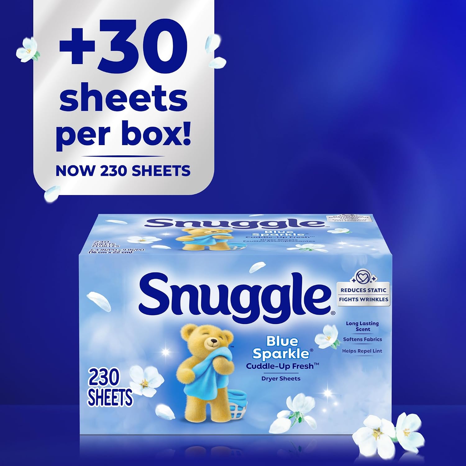 Snuggle Dryer Sheets, Blue Sparkle , 230 Count | Long-Lasting Fresh Scent, Reduces Static and Wrinkles, Repels Pet Hair and Lint, HE Dryer Compatible