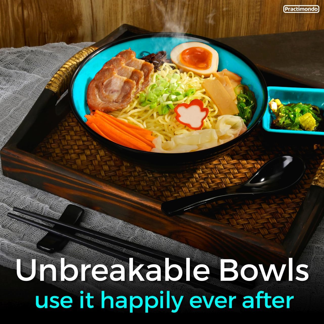 Unbreakable Ramen Bowl Set with Chopsticks and Spoon: 2 large Japanese Style Melamine Ramen Bowls