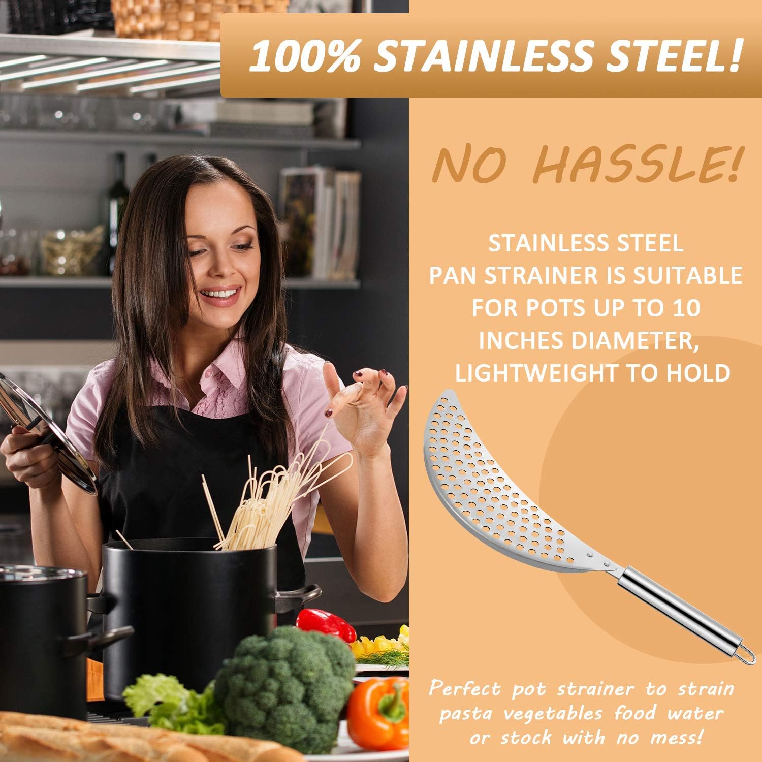 Boao 2 Pieces Pot Strainer with Handle for Pan,Fits Up to 10 in