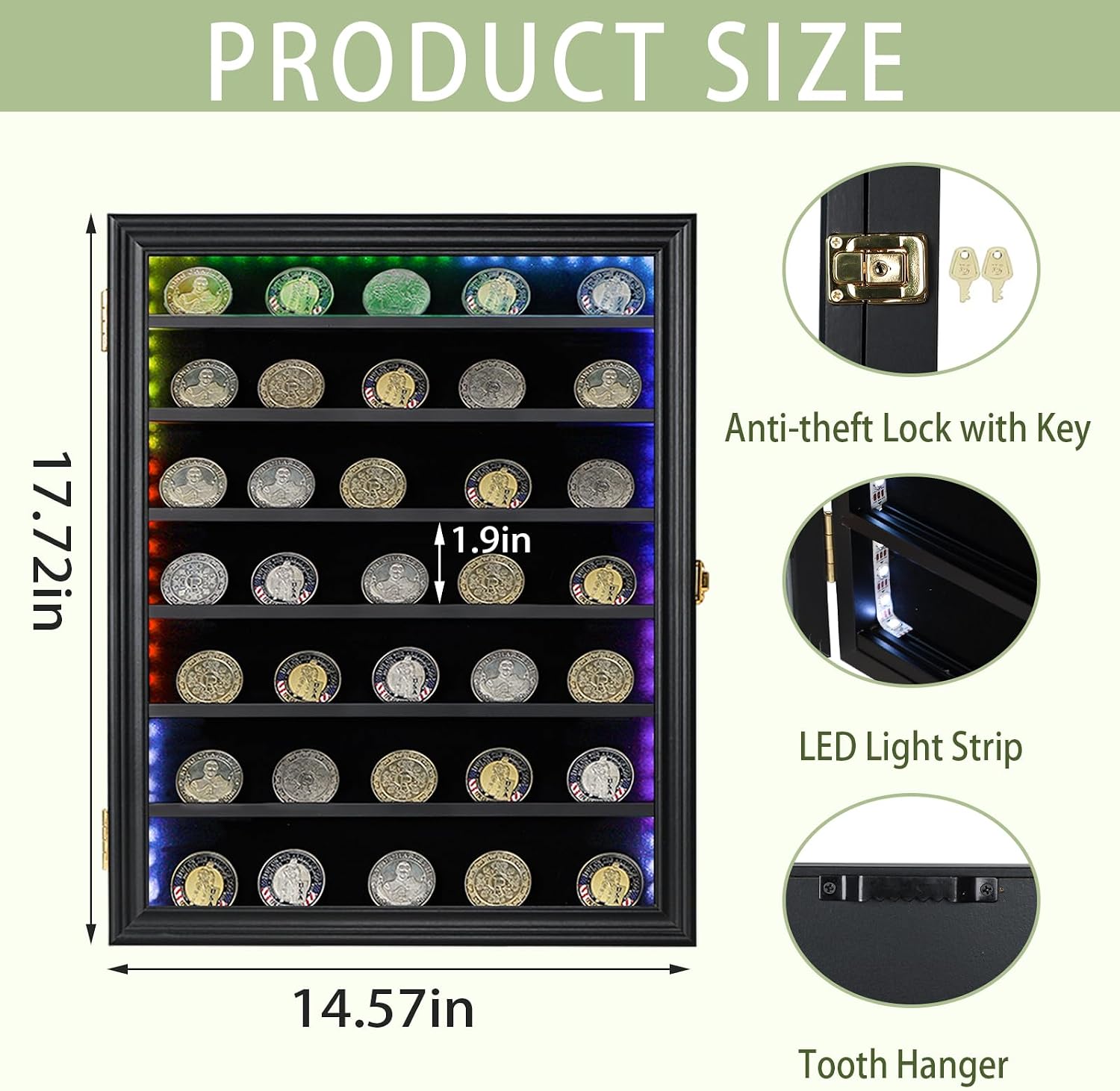 Jinchuan Military Challenge Coin Display Case Lockable Cabinet Rack Holder Shadow Box with Removable 2 Grooves Shelves and Anti Dust Door for Casino