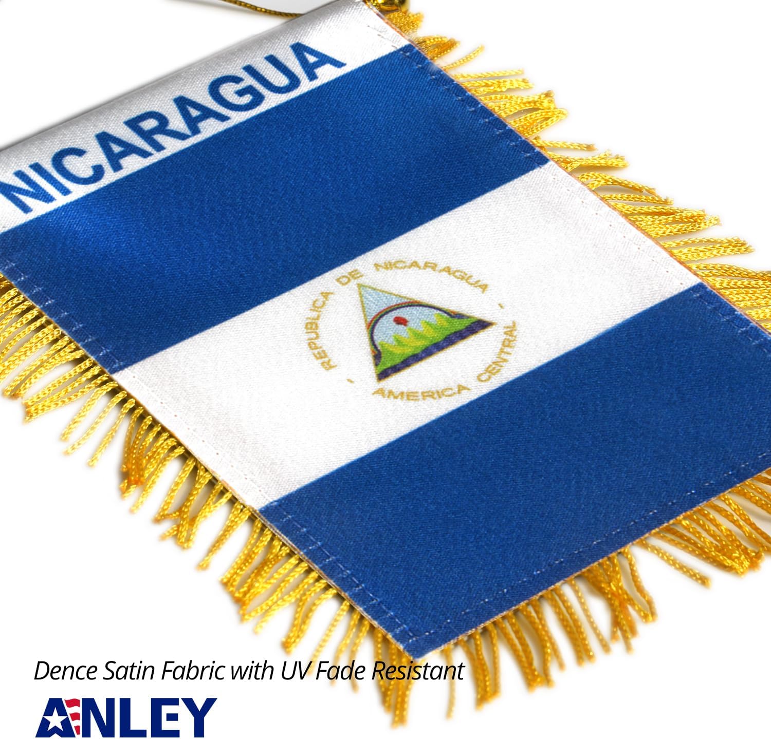 Anley 4 X 6 Inch Nicaragua Fringy Window Hanging Flag - Mini Banner & Car Rearview Mirror Décor - Fringed Nicaraguan Hanging Flag with Suction Cup