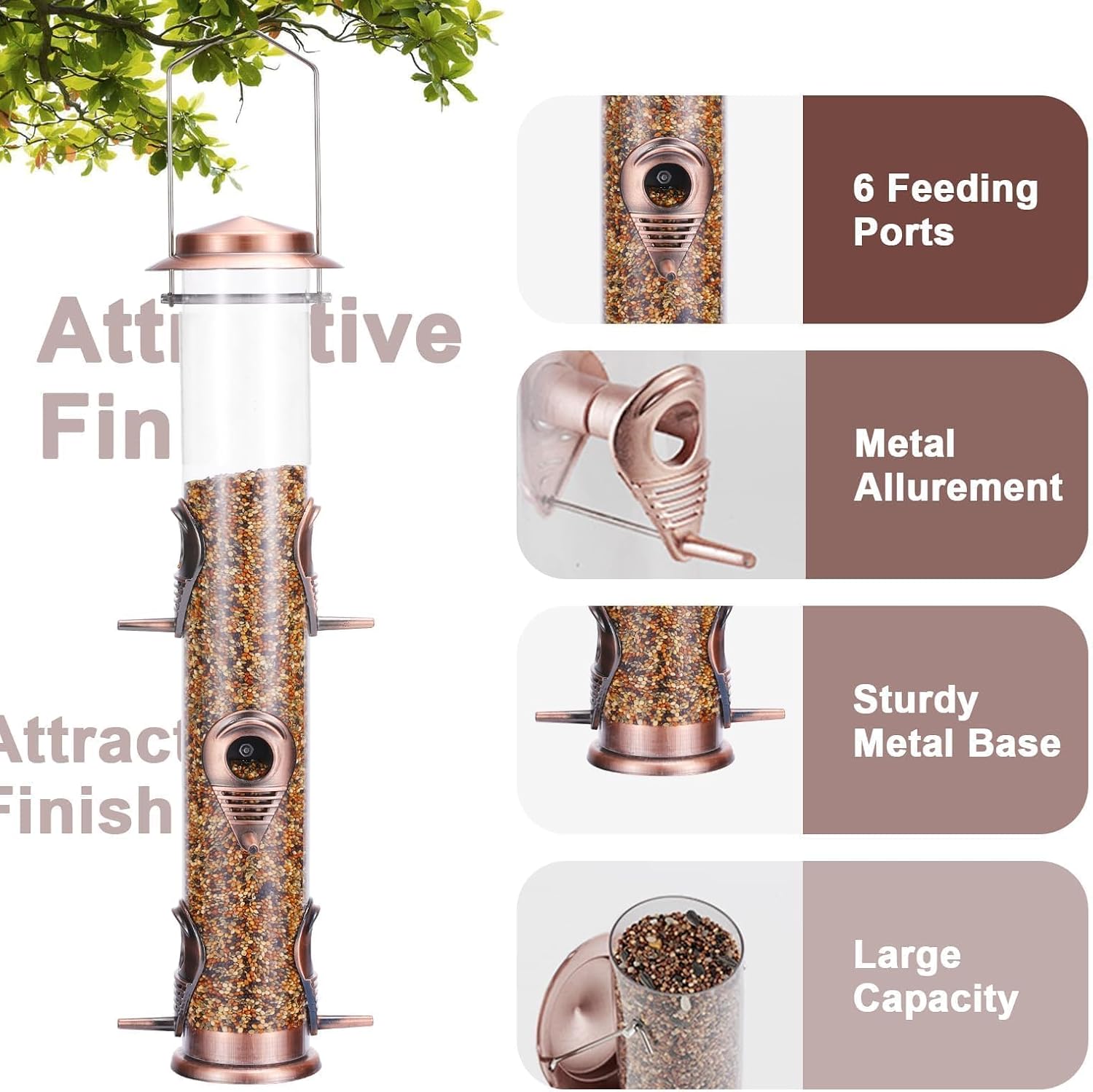 MIXXIDEA 1PK Metal Bird Feeders with 6 Feeding Ports, Tube Bird Feeder with Steel Hanger, Hard Plastic Wild Bird Feeder for Outdoors Hanging