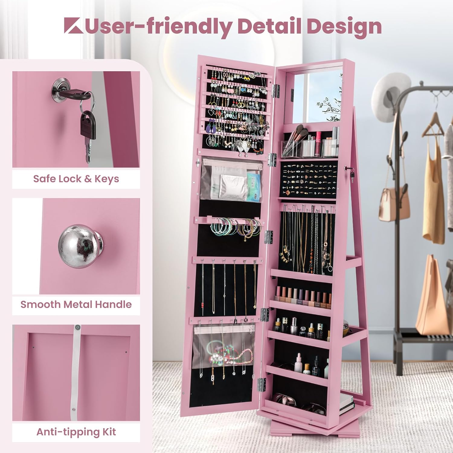 CHARMAID 360° Swivel Jewelry Armoire with Higher Full Length Mirror, Standing Lockable Jewelry Cabinet Organizer with Large Storage Capacity