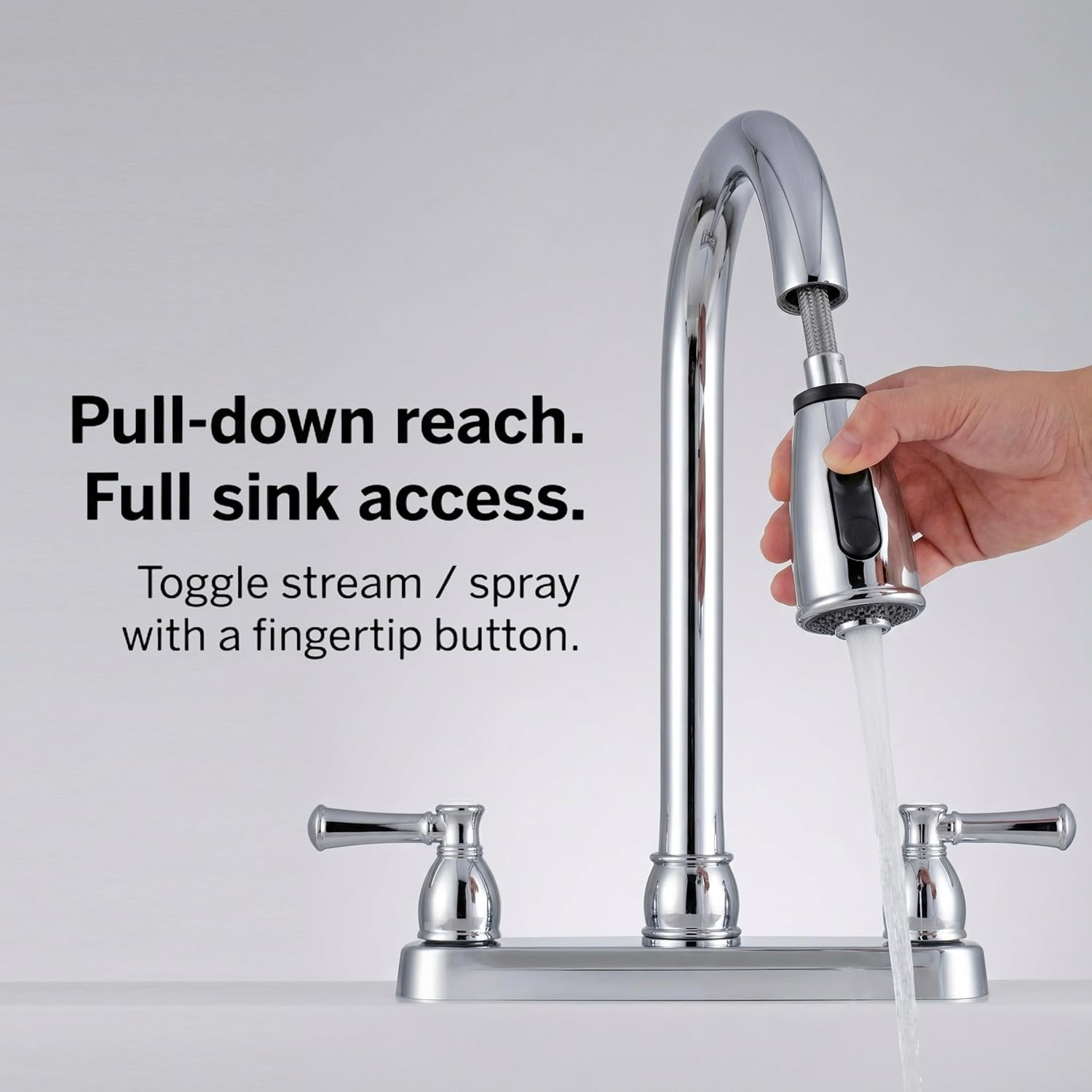 Dura Faucet DF-PK350L-SN RV Pull-Down Kitchen Sink Faucet (Satin Nickel) | Stream-to-spray sprayer with a corrosion-resistant non-metallic build. Brushed Satin Nickel. Plated ABS plastic (not metal).
