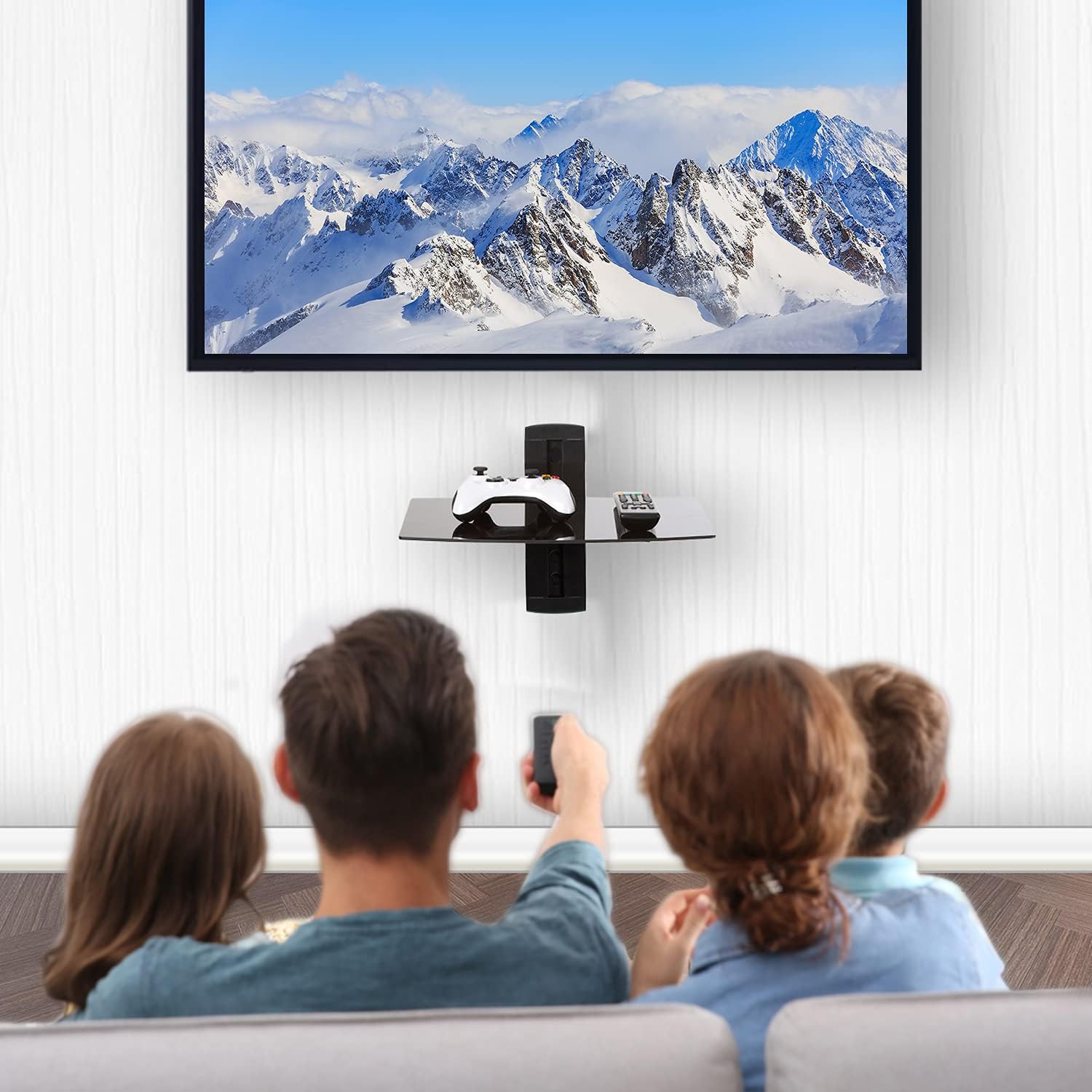 WALI Floating TV Shelf, 2 Tier Glass Projector Shelf for DVD Players, Routers, Game Consoles, Cable Boxes, Living Room Decor, Wall Mount Shelves Hold Up to 17.6lbs (CS202B), 2-Shelf, Black