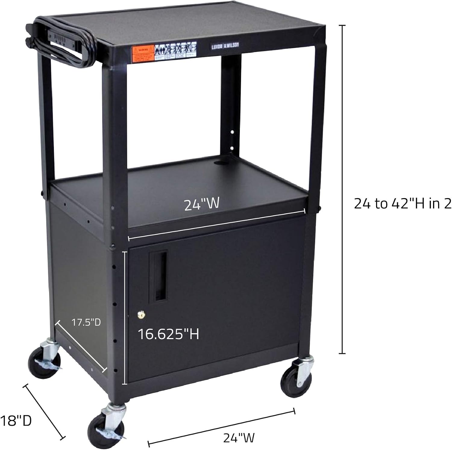 Luxor Multipurpose Adjustable Height Steel A/V Utility Cart with Cabinet - Black