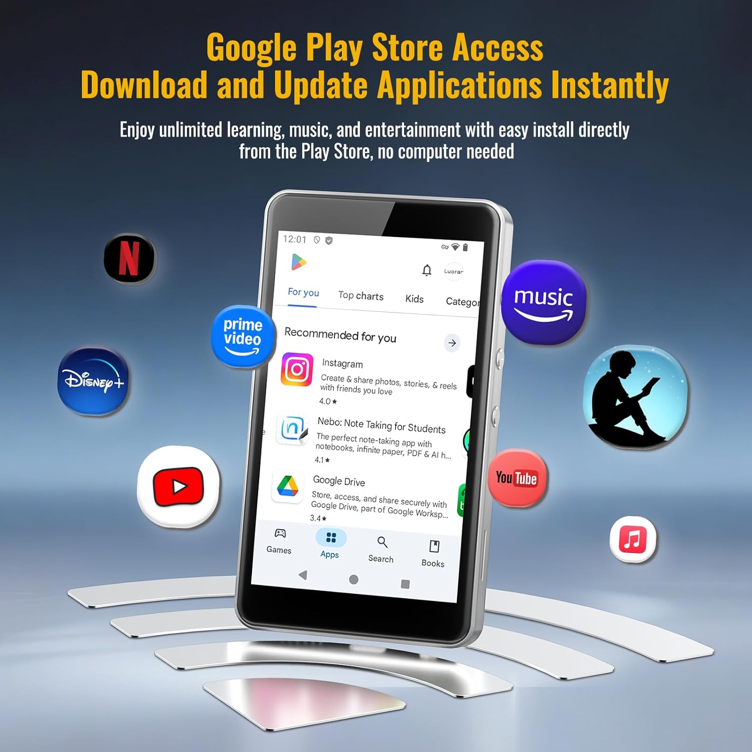 MP3 Player with Spotify for Kids, Play Store | Android 14, Parental Controls, Night Mode, Audible, Amazon Music, Libby, Earphones Included, Up to 1TB