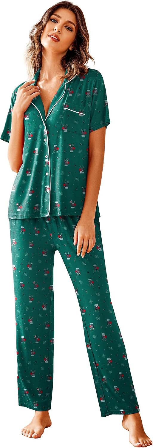 Avidlove Women Pajamas Set Notch Collar Soft Sleepwear Pjs Short Sleeve Button Down Nightwear with Long Pants