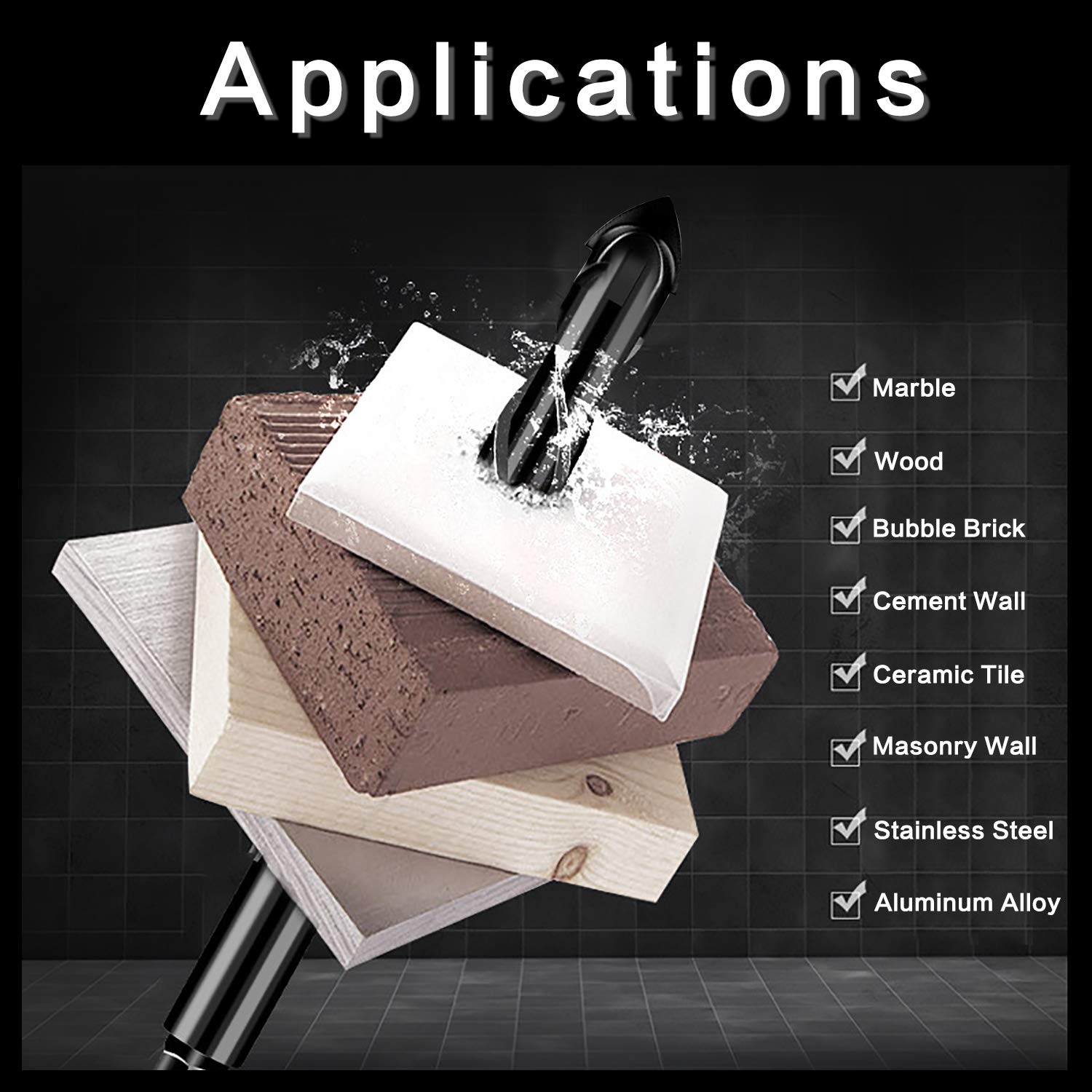 10-Piece Masonry Drill Bit Set for Concrete Tile Glass Ceramic Brick, 1/8 to 1/2 Inch Drilling Bits with Triangle Handle