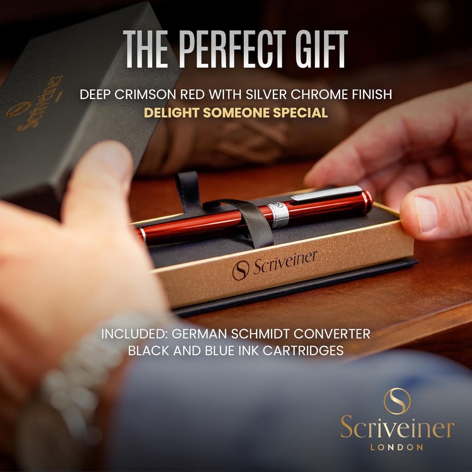 Scriveiner Silver Chrome Fountain Pen - Stunning Luxury Pen, Real Gold Finish Schmidt Gilded Nib (Medium), Best Pen Gift Set for Men & Women