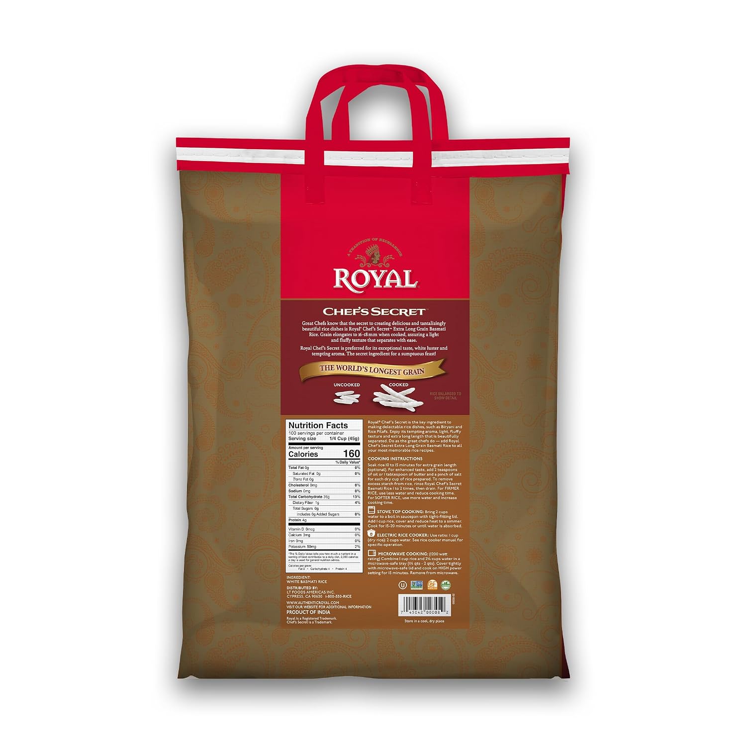 Royal Chef's Secret Basmati White Rice - 10 lb Bag | Premium Extra Long Grain Rice - Perfect for Biryanis, Pilafs, Pulao & Curries - Cook in Microwave or on Stove Top
