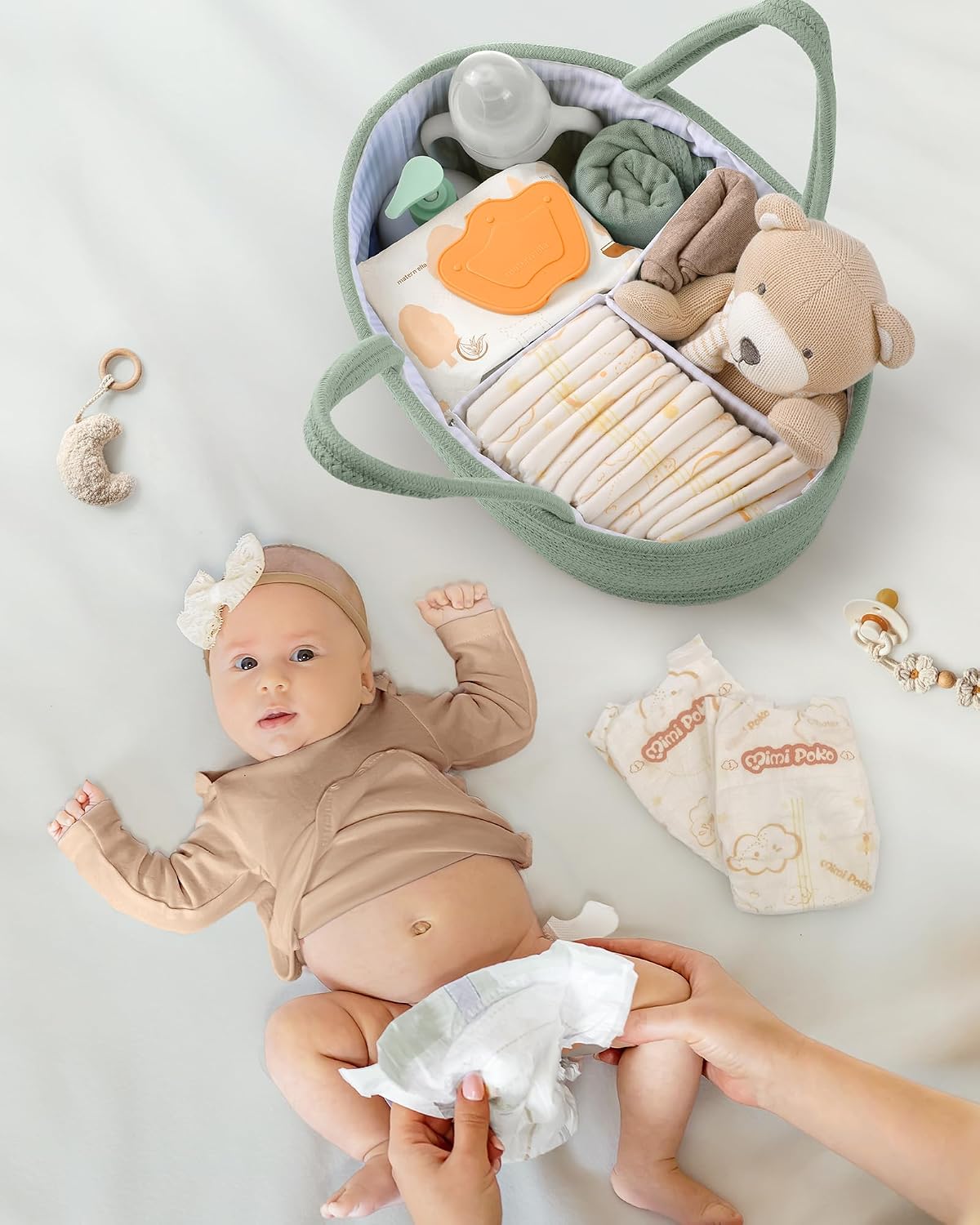 Maliton Diaper Caddy Organizer for Baby, Cotton Rope Baby Gift Basket, Portable Diaper Organizer for changing table, Nursery Storage Organizer