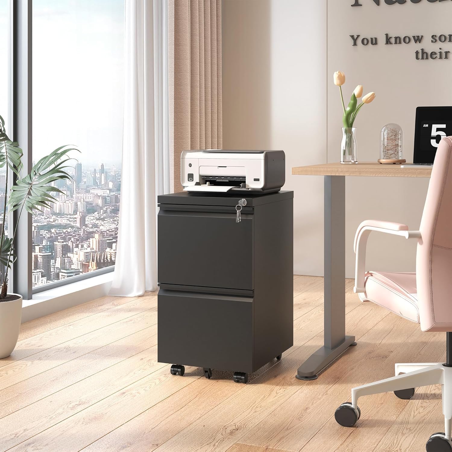 Guizeeopo 3 Drawer File Cabinet with Lock, File Cabinets for Home Office,Under Desk Cabinet, Locking File Cabinet for A4/Letter/Legal, Fully Assembled Expect Casters, Matte White