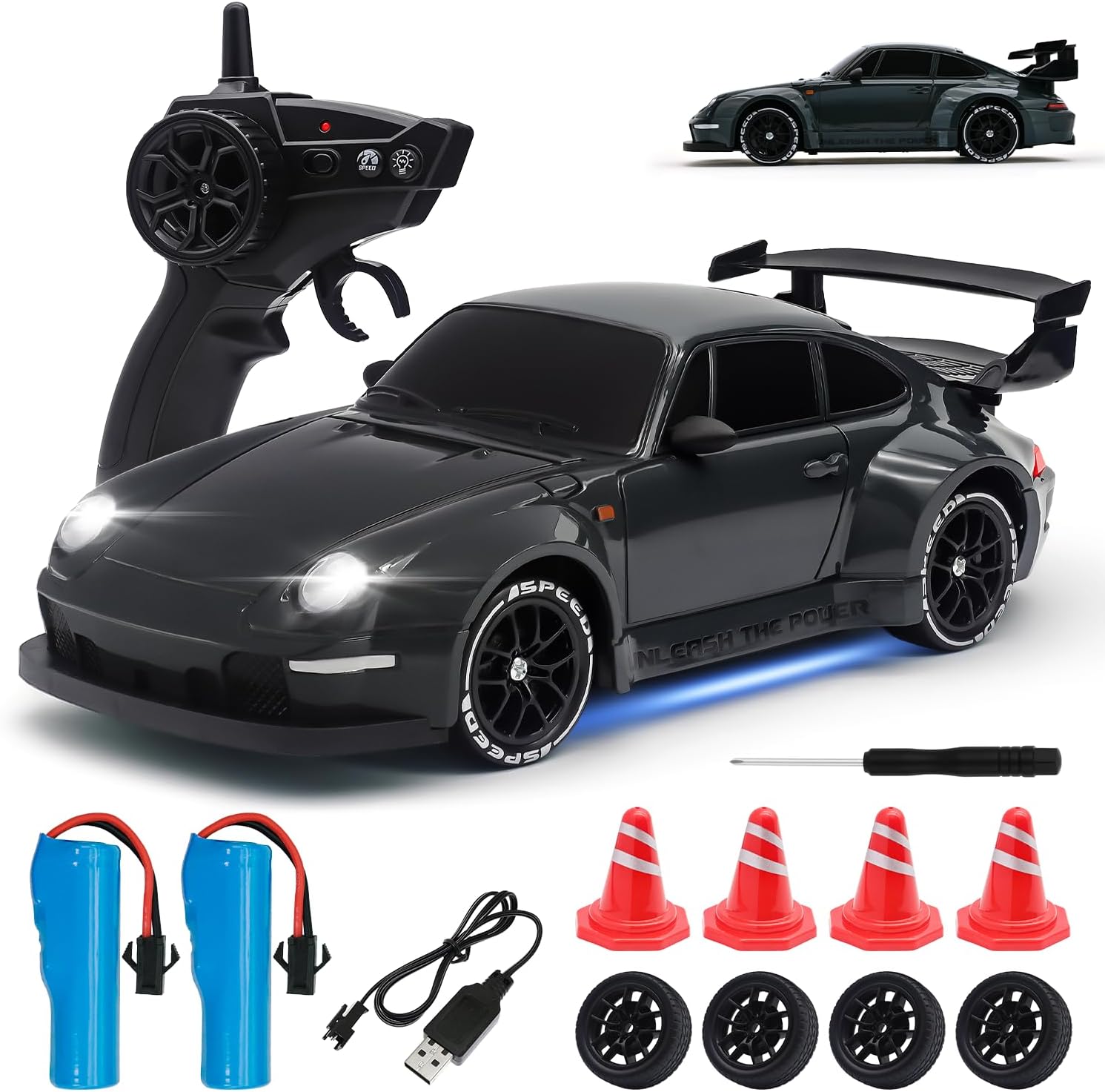 RC Drift Car,1:24 Scale Remote Control Car, 2.4GHz 20KM/H 4WD High Speed RC Cars for Kids with LED Light, Two Batteries,Drifting Tires,Racing Vehicle Toy for Adults Boys Girls Gray