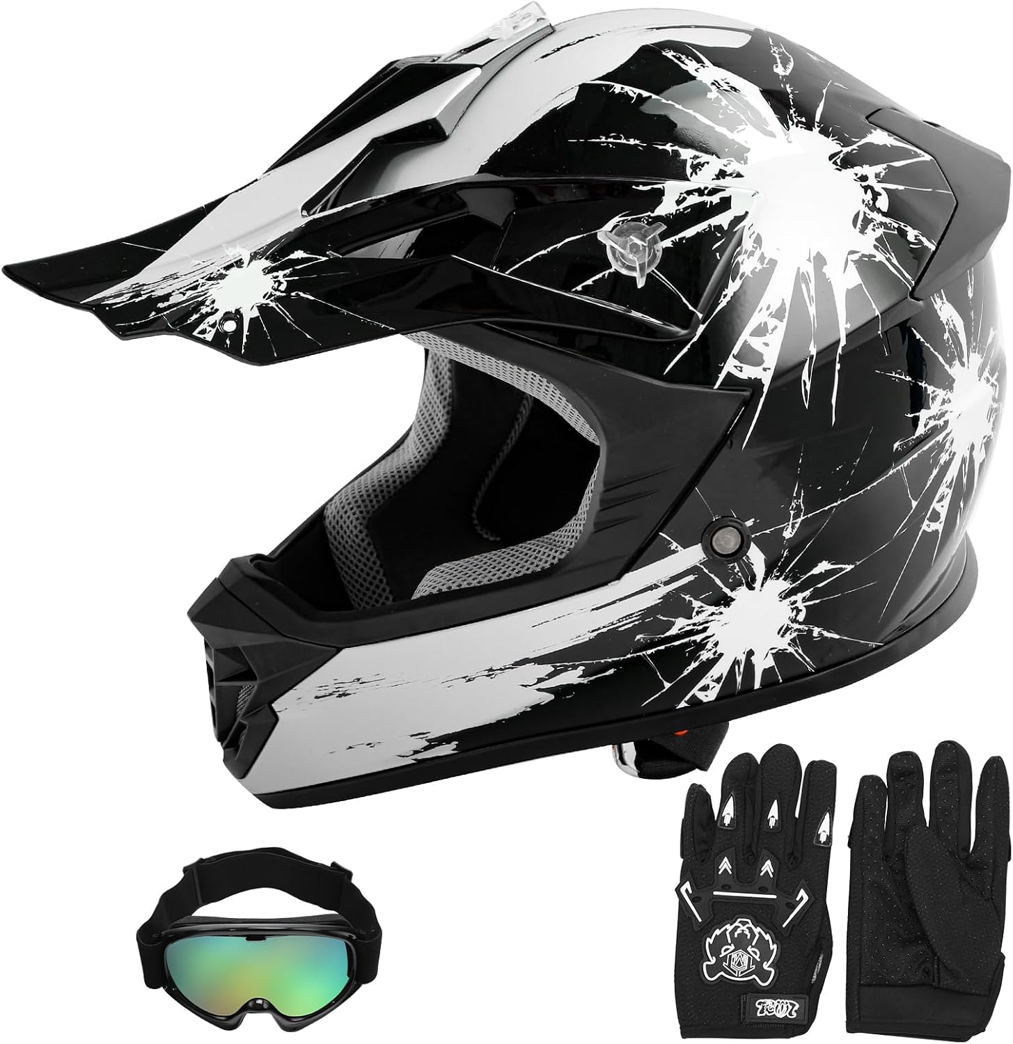 SLMOTO ATV Helmets for Kids Youth DOT Motocross Offroad Street Helmet Motorcycle Blue Helmet Dirt Bike Motocross Helmet+Goggles+Gloves