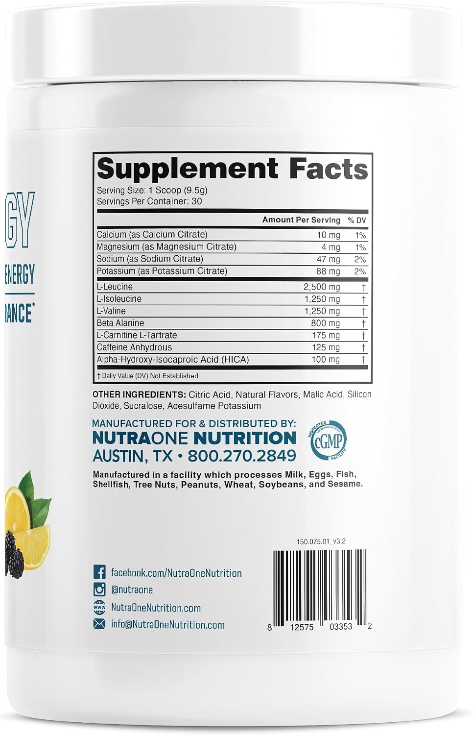 NutraOne Amino Energy BCAA Powder Pre-Workout Supplement with Caffeine Branched Chain Amino Acids to Help Fuel and Recover* (Berry Lemonade - 30